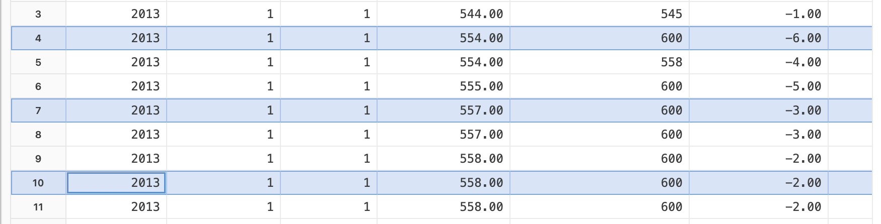Data grid showing multiple entire rows selected and highlighted in blue, with row numbers visible on the left.