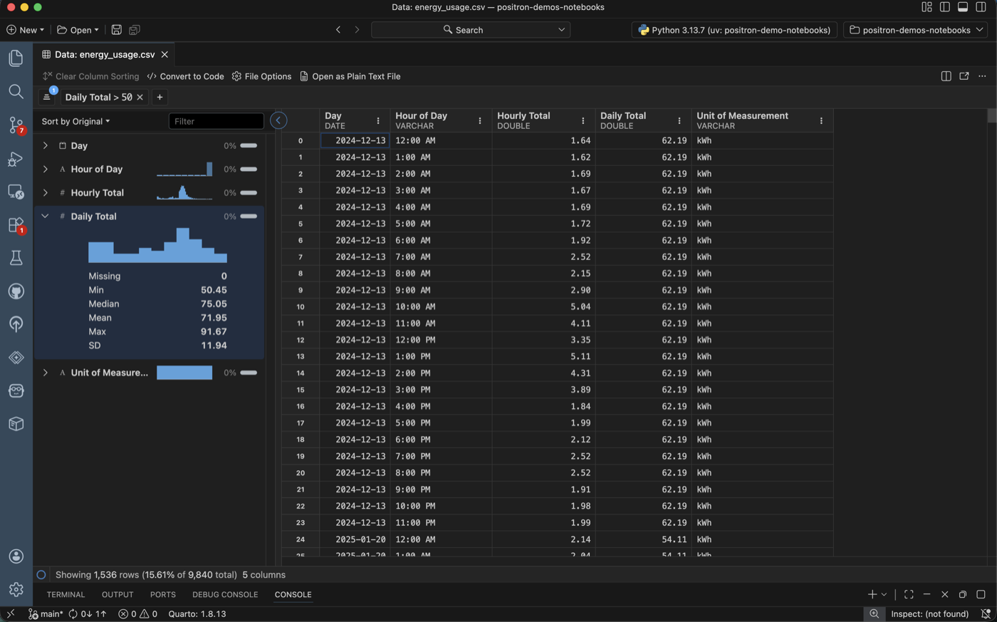 Positron Data Explorer showing a tabular data view with filtering and sorting capabilities