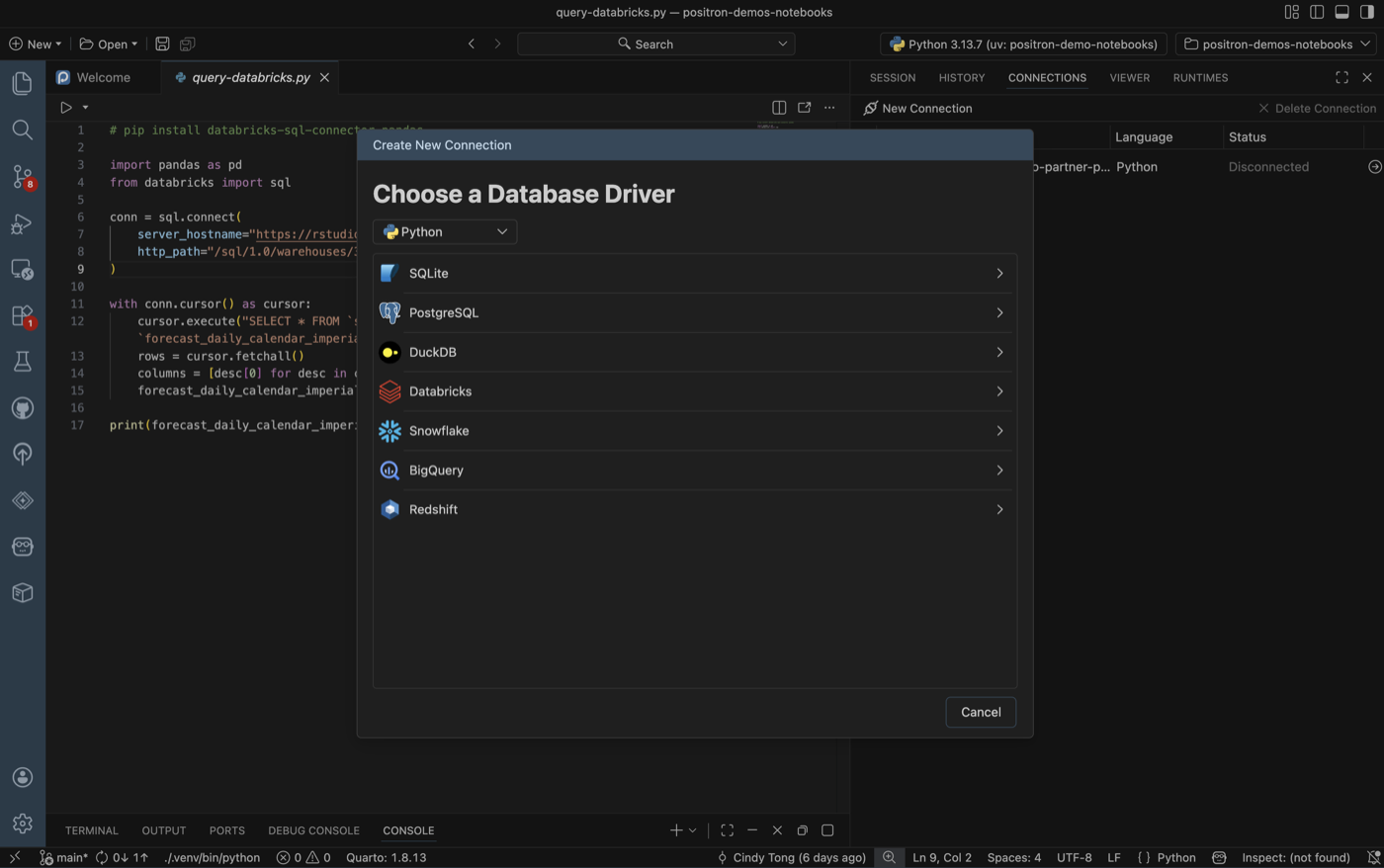 Positron database connection dialog showing drivers for SQLite, PostgreSQL, DuckDB, Databricks, Snowflake, BigQuery, and Redshift