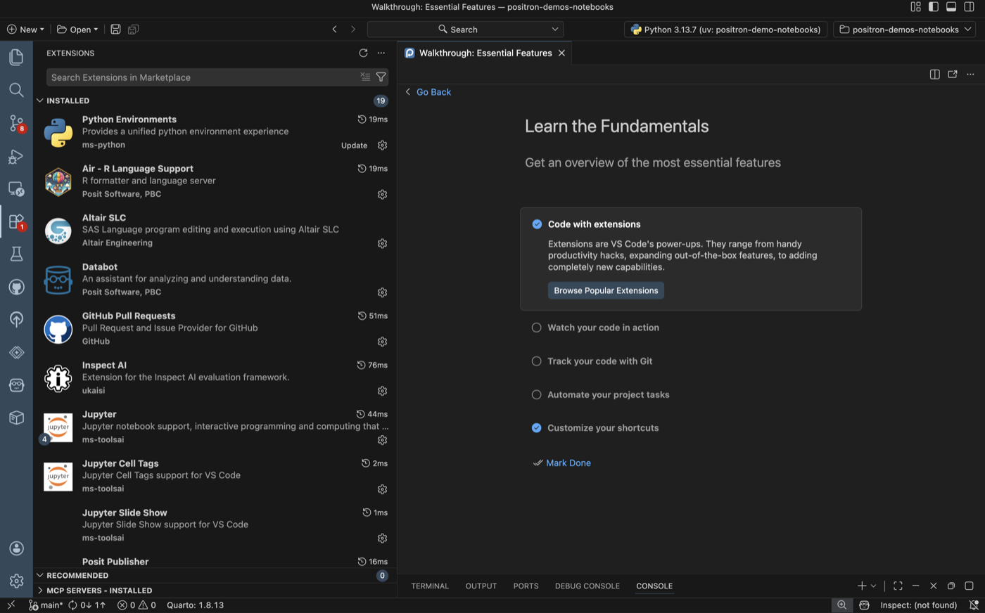 Positron extensions marketplace showing installed extensions including Python, R, Databot, and Jupyter