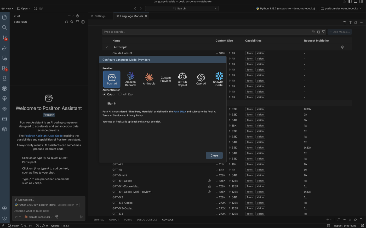 Positron language model provider configuration showing Amazon Bedrock, Anthropic, OpenAI, GitHub Copilot, and Snowflake Cortex