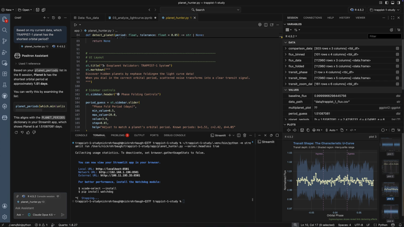 Positron AI Assistant panel with data-aware suggestions for Python code