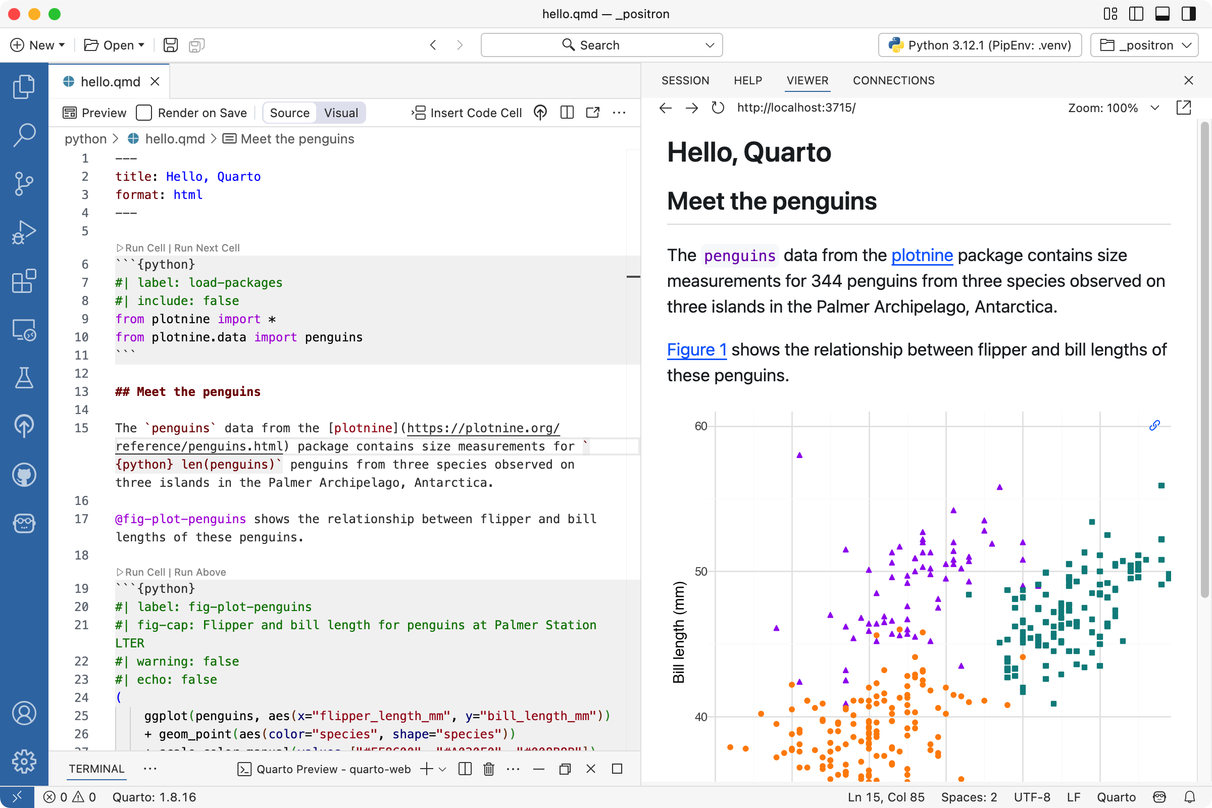 A Quarto document in Positron, with narrative, executable code chunks, and the rendered preview in Positron’s integrated Viewer pane.